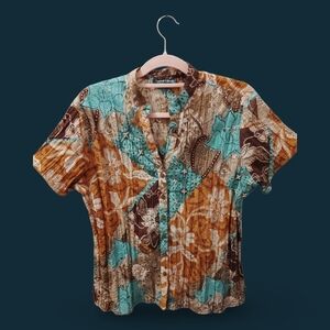 Casual Floral Button Down Shirt - Brown and Teal
